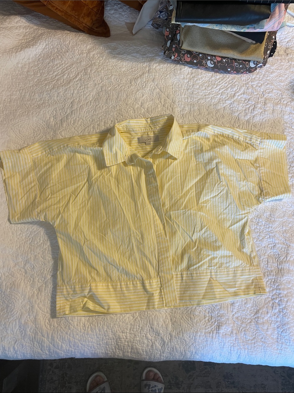 LOFT Pale Yellow Striped Boxy Button-Down Shirt